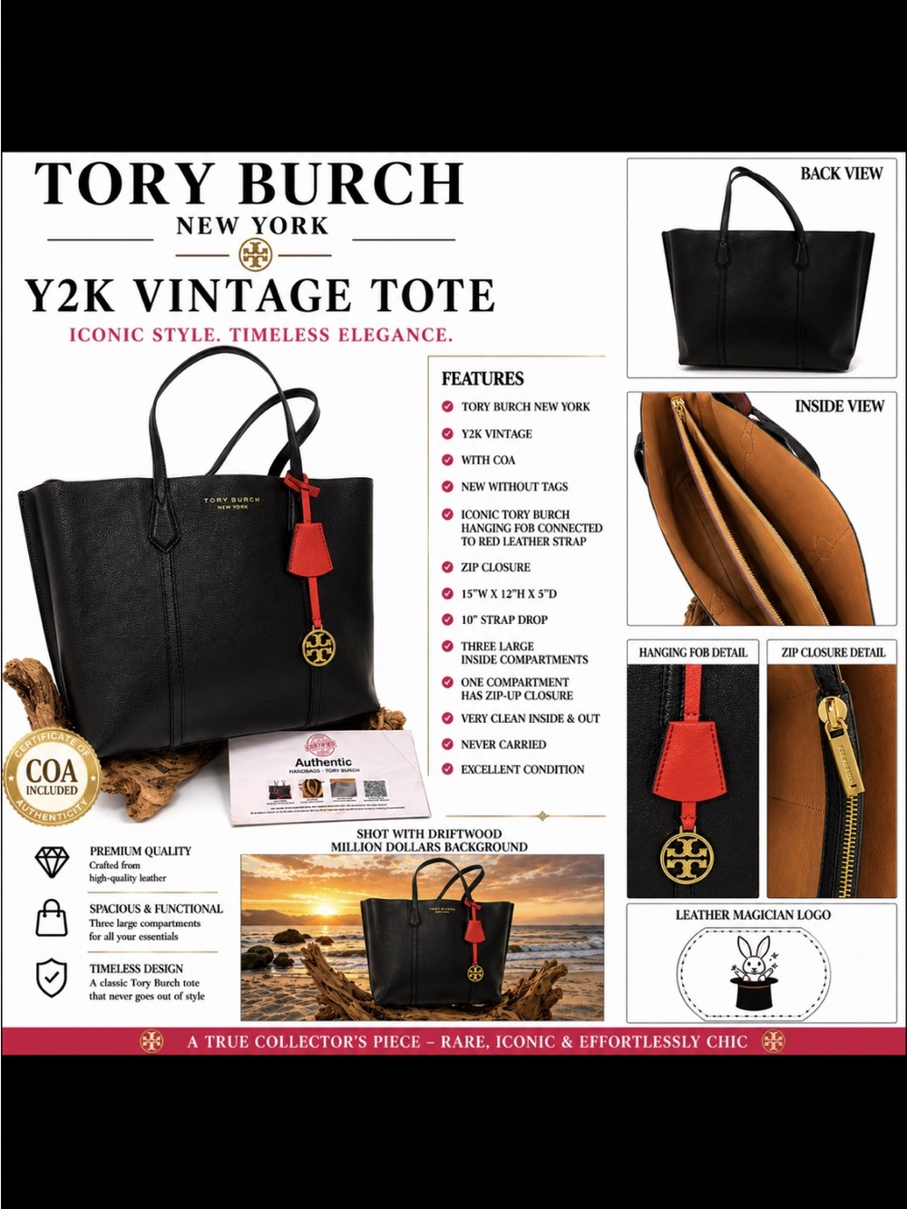 Tory Burch New York Y2K Vintage Black Pebbled Leather Tote Bag w/ Red Fob+COA